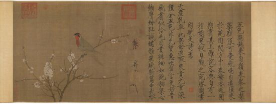 北宋 赵佶 五色鹦鹉图卷 纵53.3cm×横125.1cm 波士顿美术馆藏 据两宋史籍记载，宋徽宗赵佶以擅画花鸟著称，此卷无疑是徽宗花鸟画中最可信者之一。