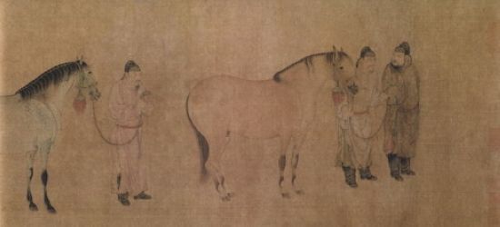 元 任仁发 九马图卷 纵31.2cm×横261.62cm(局部) 纳尔逊-阿特金斯美术馆藏的《九马图卷》是任仁发存世马图中最气势恢宏的杰作，其技法之精堪比藏于故宫博物院的《二马图》。