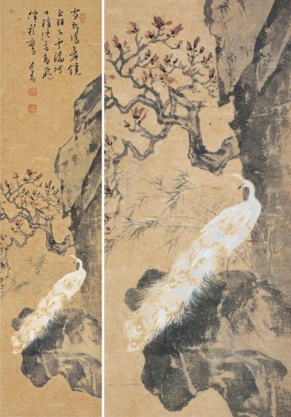 溥儒 白孔雀 镜片 设色纸本 56×14cm