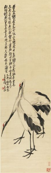 14春1653 吴昌硕(1844-1927) 鹤寿千秋 绫本立轴 1915年作 135×40cm 展览：《吴昌硕书画展》，台北国立历史博物馆，1985年1月。 著录： 1.《吴昌硕齐白石书画选》图版6，台北汉华文化事业股份有限公司，1981年。 2.《吴昌硕书画集》P43，台北倦勤齐艺术有限公司，2000年。 备注：张宗宪旧藏。