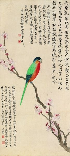 杏花鹦鹉（工笔） 92.5×42厘米 1941年 于非? 北京画院藏