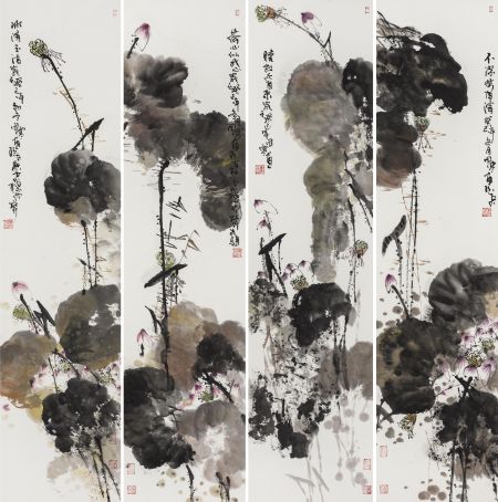 彩荷四条屏 138×34×4  纸本水墨 2013年