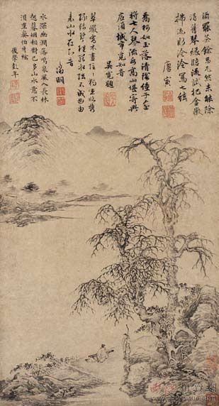 唐寅（1470～1523）临流试琴图水墨纸本立轴 50×27cm