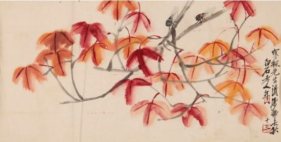 齐白石《红枫鸣蝉》 镜心  40.8×80.6cm。