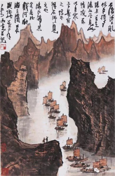 李可染(1907-1989) 漓江69.5×46cm 约2.9平尺 设色纸本 镜心 款识：石涛诗之乱帆争卷夕阳来，吾在漓江曾见此情境，兹化自家笔墨写之，恨不得石师一见之也。漓江归来客居北戴河渤海之滨晨兴作此。一九六二年可染于画竟并记。 钤印：可染、日新、河山如画 LI KERAN(1907-1989) Li RiverMounted，ink and color on paper. With three seals of the artist. 