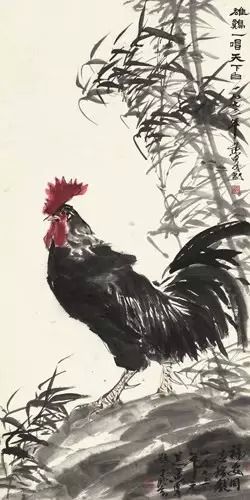 3051 黄?胄(1925-1997)?雄鸡一唱天下白 镜心?设色纸本 135×66 cm 展览：首届黄胄艺术大展，炎黄艺术馆，2014年。 说明：原广州海军某部领导杨福安上款。现藏家直接得自上款人本人。 RMB： 1，200，000-1，800，000