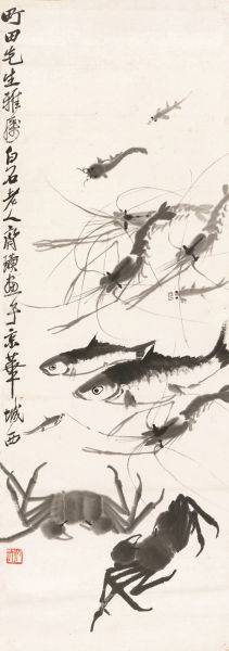  Lot 807 『澄道-近现代绘画夜场』 齐白石(1863-1957) 鱼虾蟹 纸本立轴 出版： 1.《散珍集成（二）》P151，河北教育出版社，2005年。 2.《南黄北齐》P51，人民美术出版社，2010年。 3.《嘉德二十年精品录?近现代卷（一）》第174号，故宫出版社，2014年。 备注：町田德之助上款。町田德之助，日本横滨正金银行大股东。 97×33.5 cm约2.9平尺