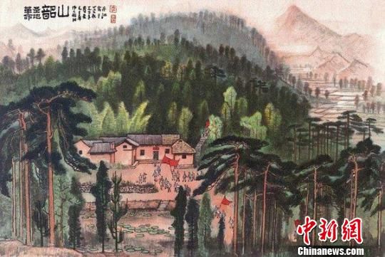 7日，中国现代著名画家李可染的红色经典名作《革命圣地韶山》在南京以6842.5万元的高价成交。　南京经典拍卖有限公司提供　摄