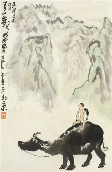 李可染的《青山几多重》笔墨简约，特别是青山叠翠的处理。