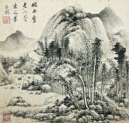 张石园仿王时敏之作，此画描绘了江南葱茏郁勃的景色，笔墨浑厚凝练，苍润松秀，清雅洒脱