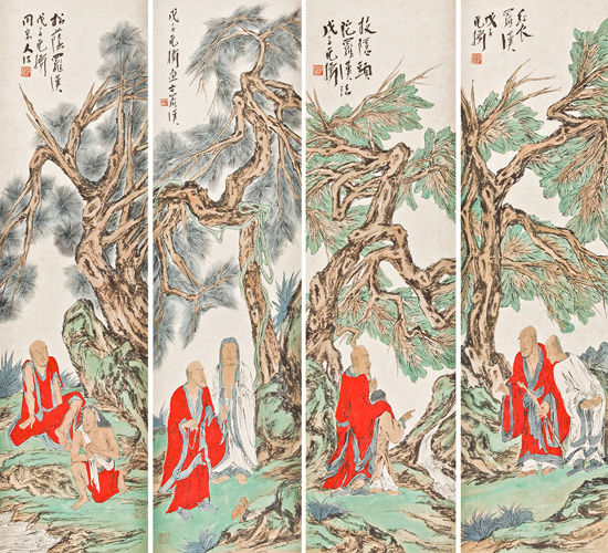 范扬-罗汉四屏-142×38cm×4-设色纸本-镜心