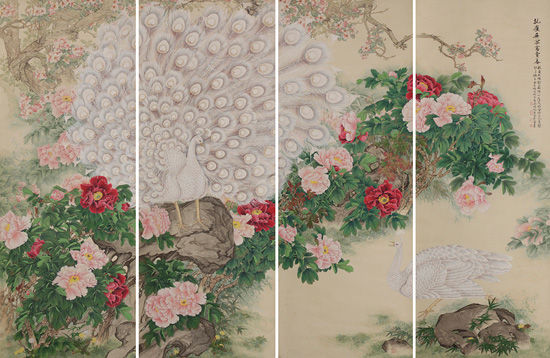 俞致贞《牡丹孔雀四屏》-214.5×80.5cm-设色绢本-立轴--估价：1500000-2000000