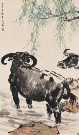 徐悲鸿《水牛涉水》，设色纸本 立轴，129.5 x 76.7 cm. 估价：港元5，000，000-8，000，000／美元645，000-1，033，000