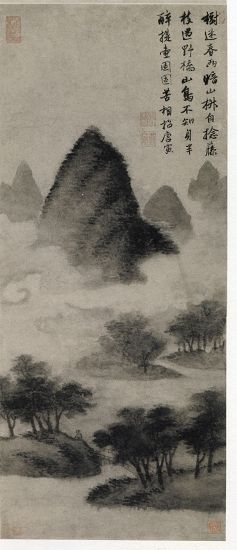 唐寅《云山图》轴，上海博物馆藏。此图乃仿米氏云山，烟云袅袅，山岚浮动，溪水新涨，野桥横陈，一高士策杖而过，行吟于烟云春树之间。墨气氤氲，虚实相生，为唐寅难得一见之作。自题：“树迷春雨暗山椒，自捻藤枝过野桥。山鸟不知身半醉，提壶固固苦相招。唐寅。”